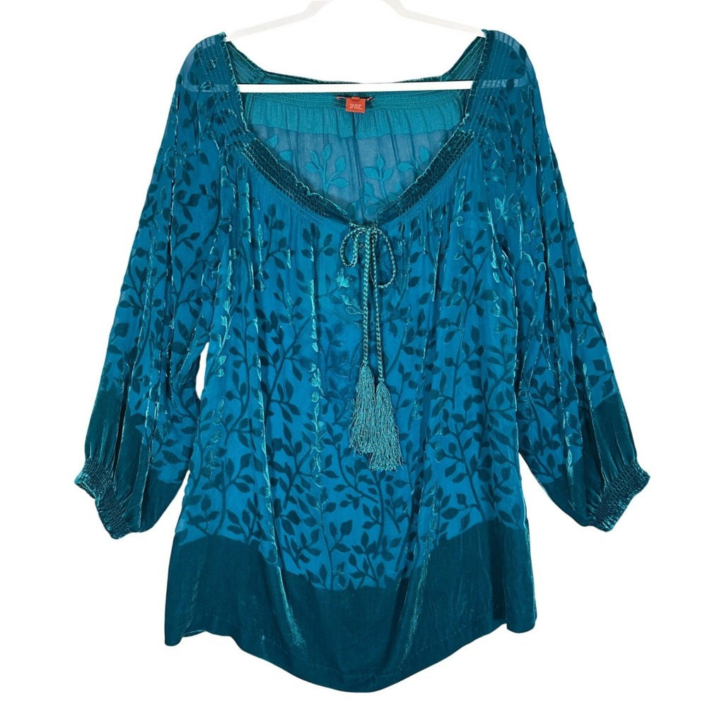 Sundance Silk Blend Burnout Velvet Blouse Sz M Teal Boho Tassel Peasant Ethereal